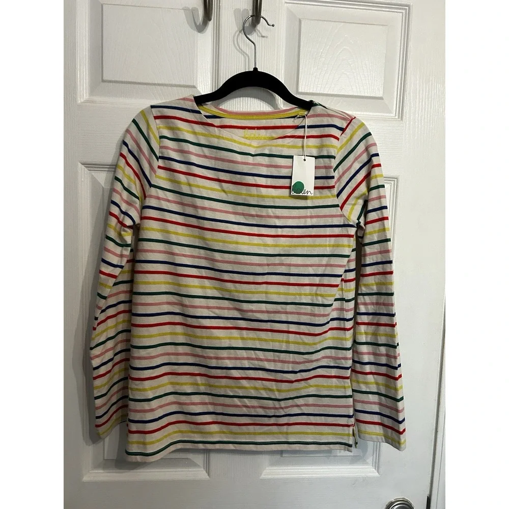 NWT‎ Boden Girls 15-16 y Shirt Striped Long Sleeve Boat Neck Top Rainbow Cotton
